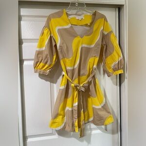 Chinti & Parker Wave Printed Puff Sleeve Tie Waist V-Neck Mini Dress Yellow Tan